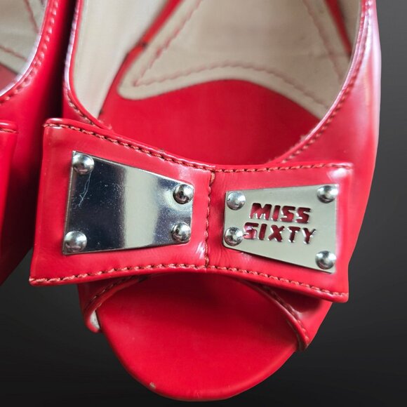 Y2K Miss Sixty Red Patent Leather Ballet flats EUR size 36 Peep toe Bows US 5.5 - Picture 3 of 12